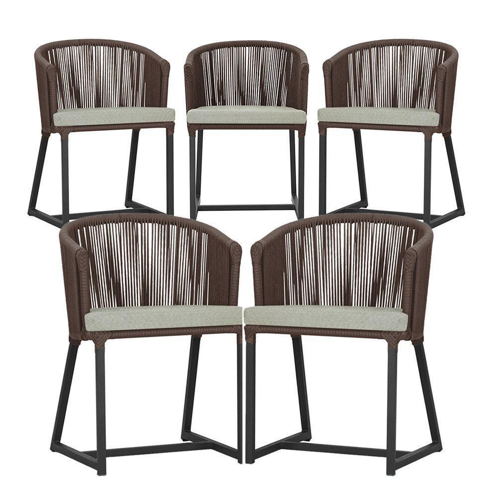 5 Cadeiras De Jantar Noronha Preta Corda Náutica E3 Trama Marrom - 1