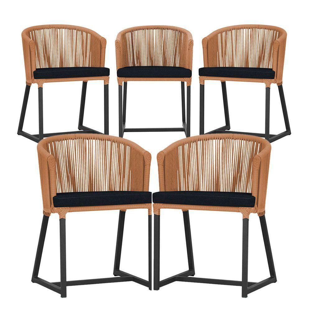 5 Cadeiras De Jantar Noronha Preta Corda Náutica E12 Trama Terra Cota - 1