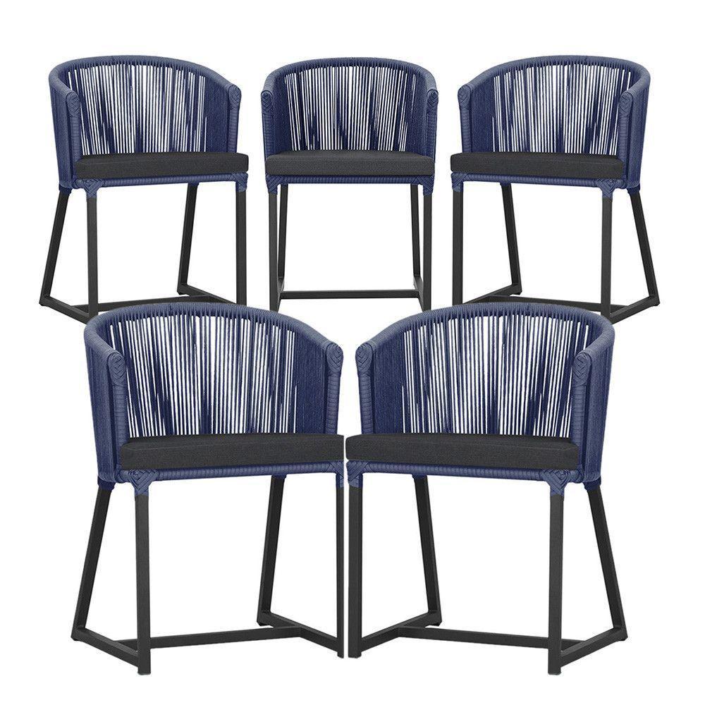 5 Cadeiras De Jantar Noronha Preta Corda Náutica E11 Trama Azul - 1
