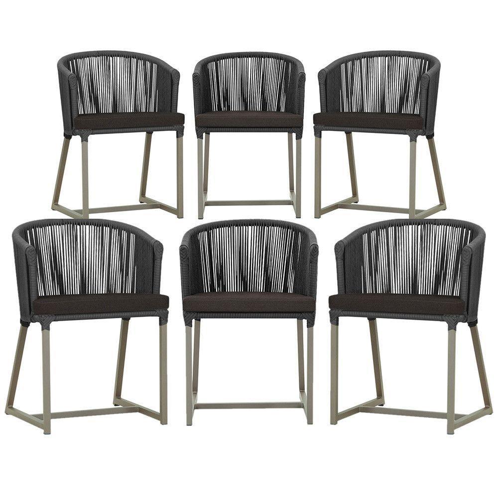 6 Cadeiras De Jantar Noronha Fendi Corda Náutica E9 Trama Preto - 1