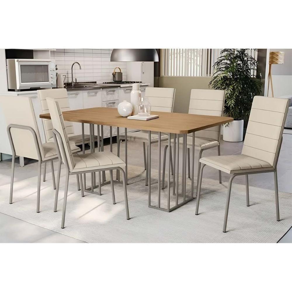 Sala De Jantar Duina Com Tampo De Madeira 160cm E 6 Cadeiras Amsterdã Niquel Freijó Courano Bege - 1