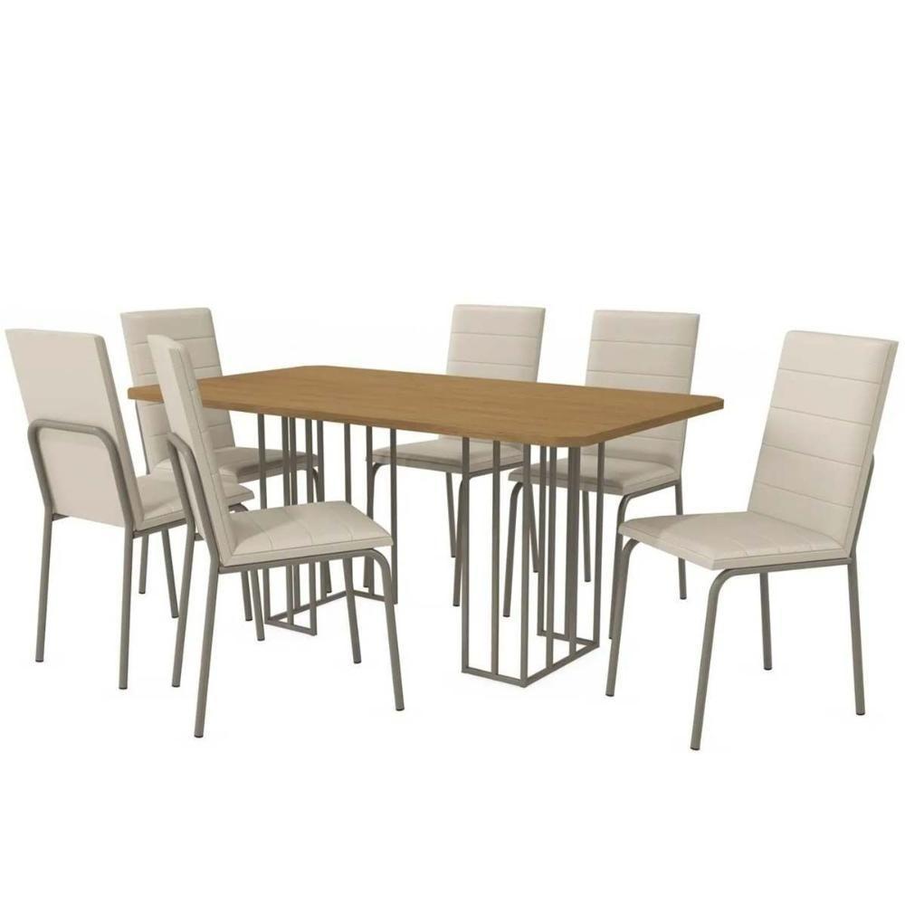 Sala De Jantar Duina Com Tampo De Madeira 160cm E 6 Cadeiras Amsterdã Niquel Freijó Courano Bege - 7