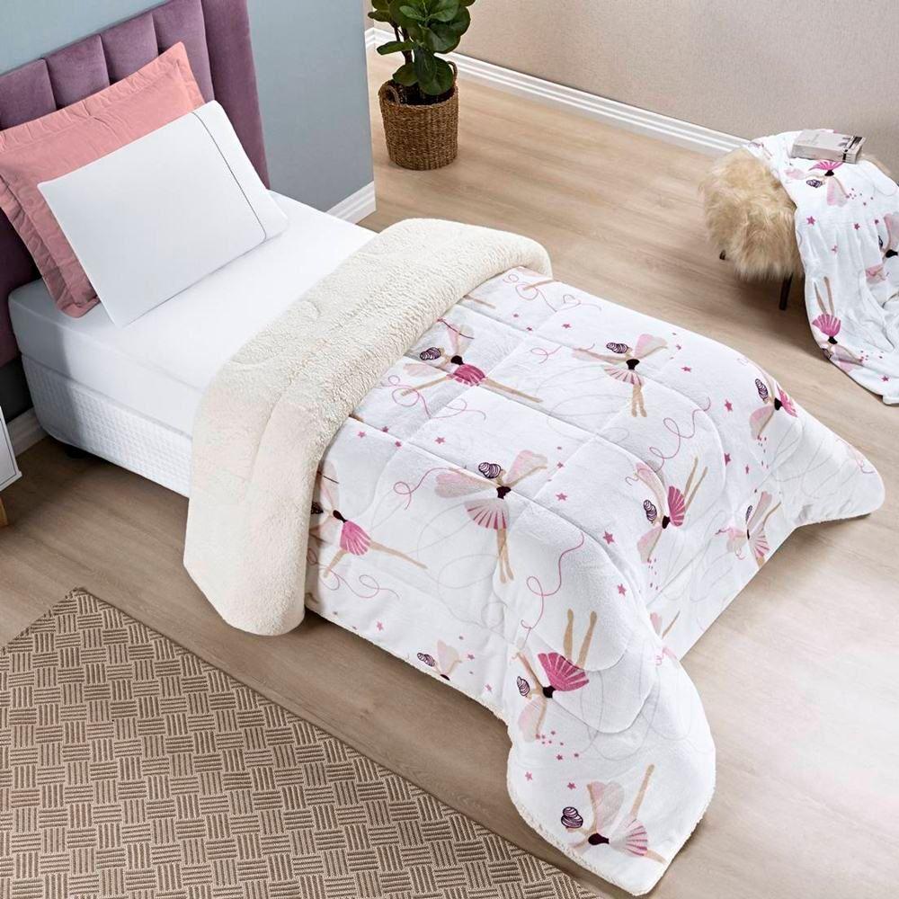 Edredom Solteiro Coberdrom Infantil Sherpa Com Mantinha 1 Peça - Bailarina - 1