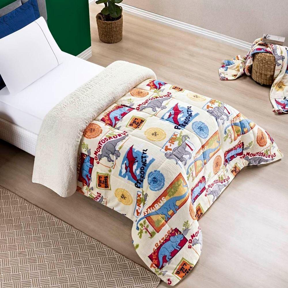 Edredom Solteiro Coberdrom Infantil Sherpa Com Mantinha 1 Peça - Dino - 1