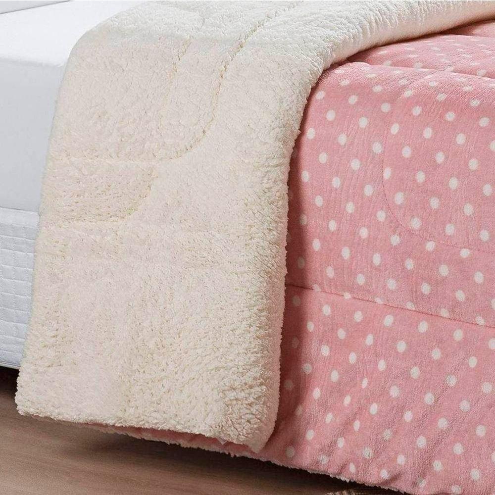 Edredom Solteiro Coberdrom Sherpa/mantinha Petit Poa 1 Peça - Rosa - 2