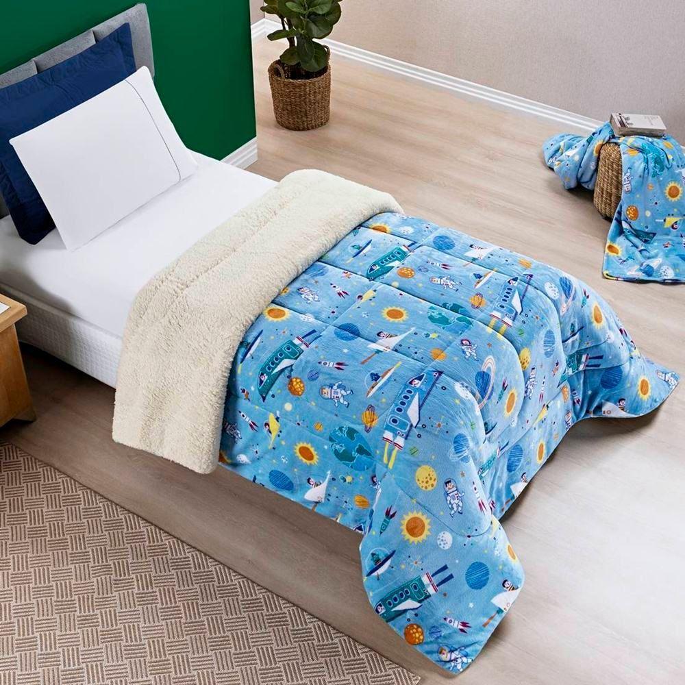 Edredom Solteiro Coberdrom Infantil Sherpa Com Mantinha 1 Peça - Astronauta - 1