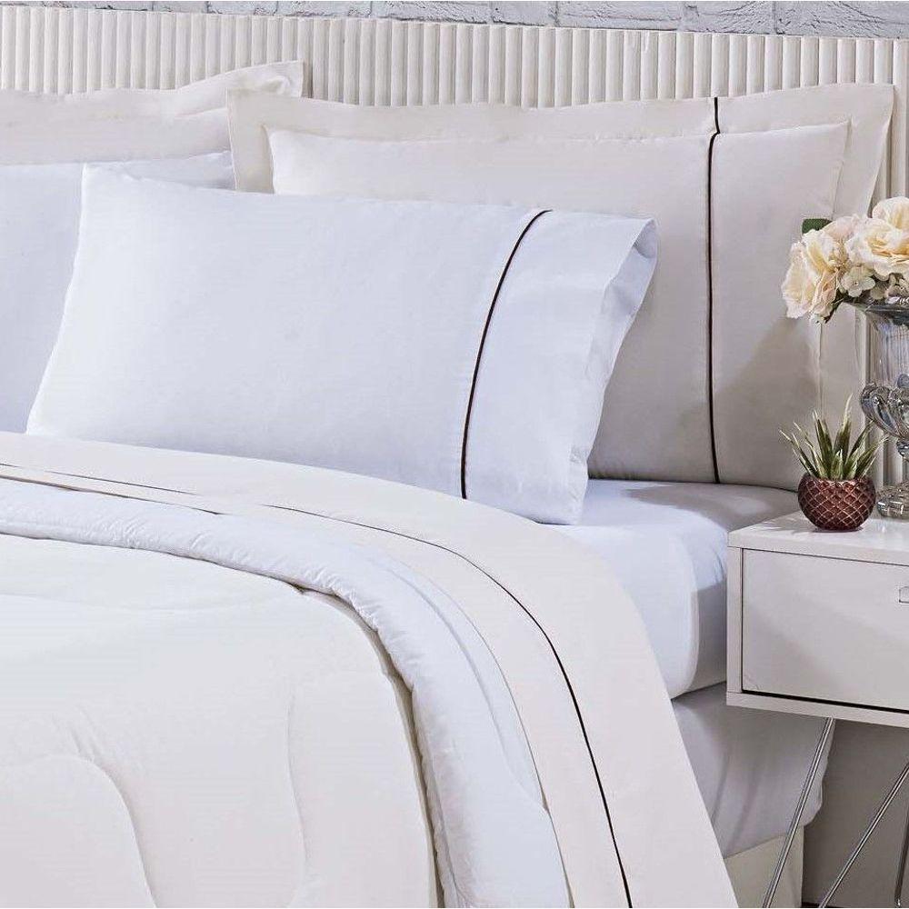 Kit Edredom 100% Algodão Percal 150 Fios Dupla Face King + Jogo De Cama Gran Moratta 7 Peças - Branco- Palha - 1