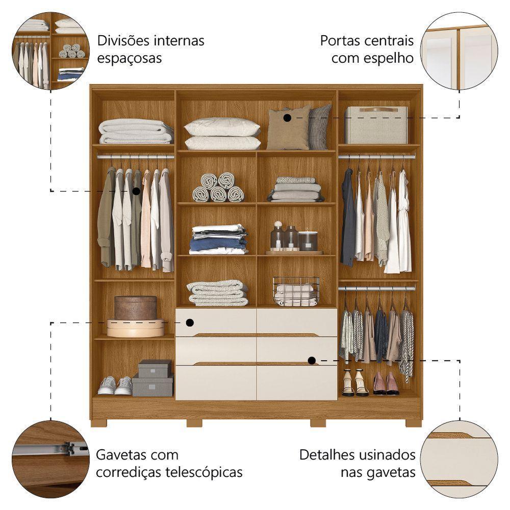 Guarda Roupas Casal Com Espelho 6 Portas 6 Gavetas San Francisco Madeirado Off White - 4