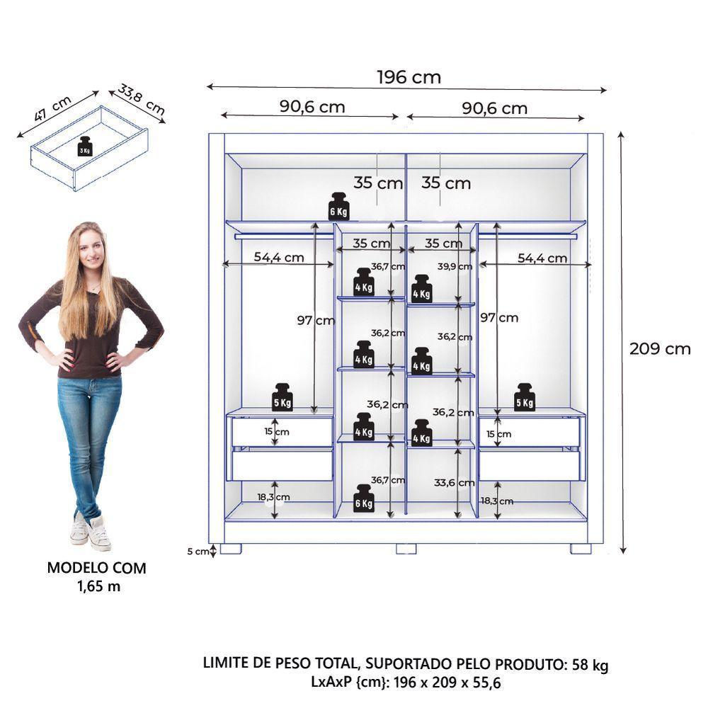 Guarda Roupas Casal 2 Portas De Correr 4 Gavetas Titanium Zanzini Madeirado - 3