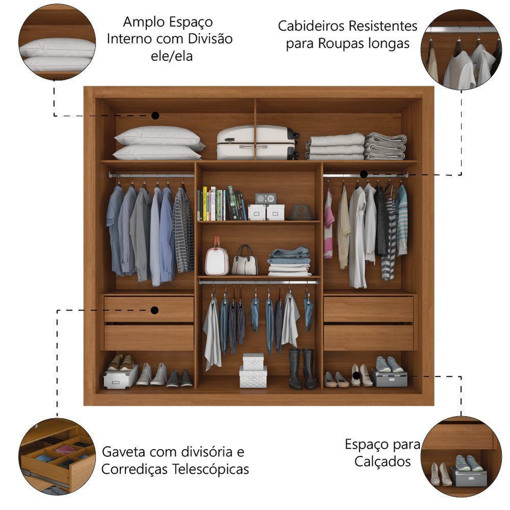 Guarda Roupas Casal Ripado 2 Portas De Correr 4 Gavetas Trianon Zanzini Madeirado - 2