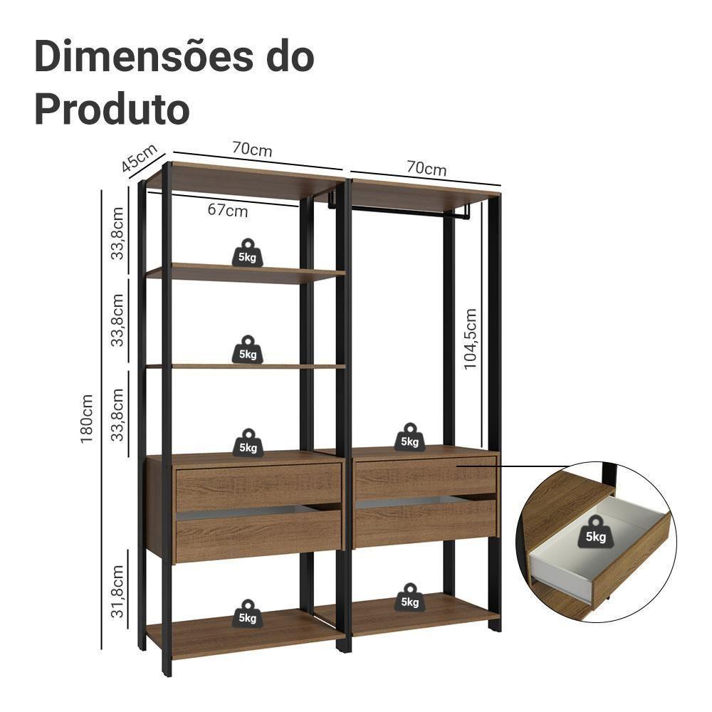 Guarda Roupa Closet Modulado 4 Gavetas 6 Prateleiras 140cm Valencia Rustic Preto - 3