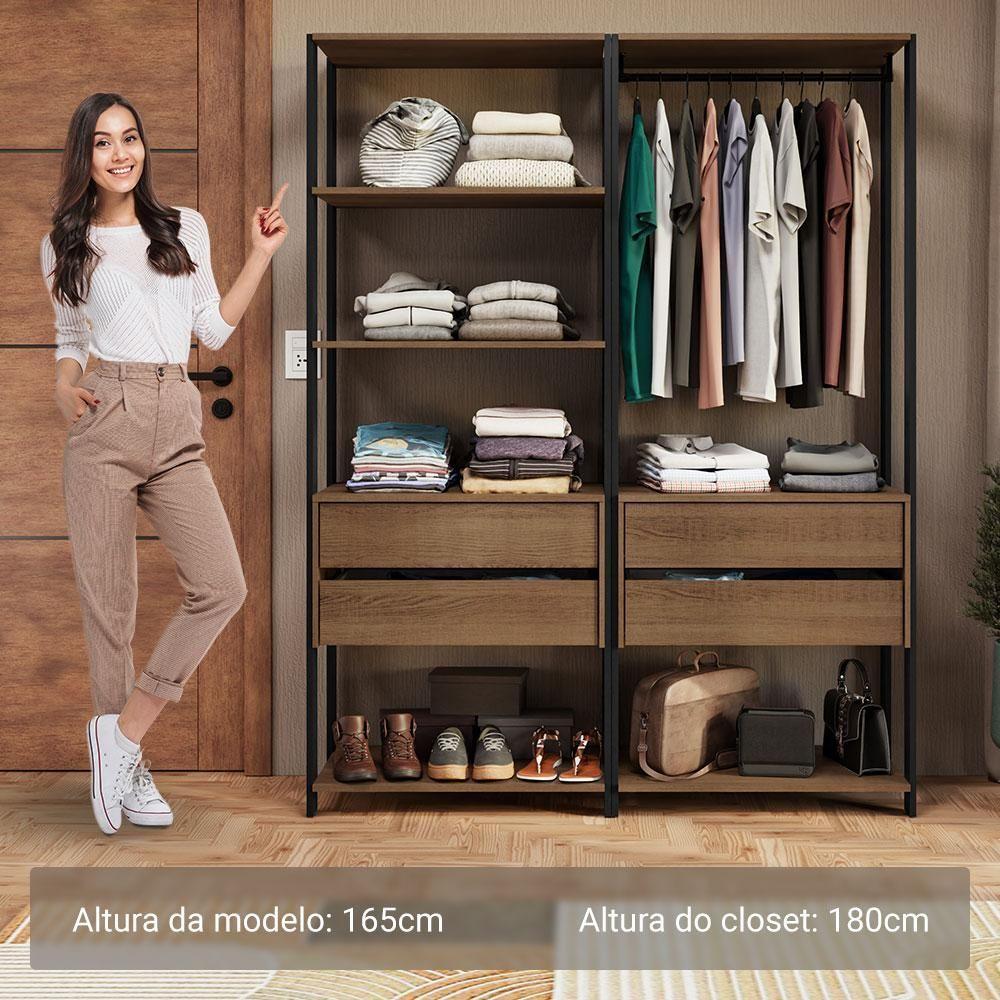 Guarda Roupa Closet Modulado 4 Gavetas 6 Prateleiras 140cm Valencia Rustic Preto - 4