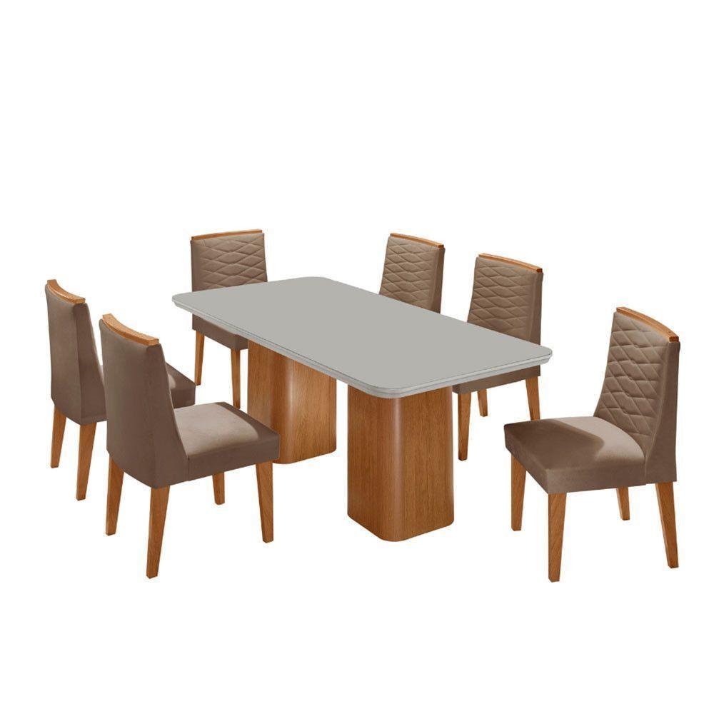 Mesa De Jantar Eloise Tampo MDF Vidro Com 6 Cadeiras Moderna Veludo Capuccino Off White Naturale - 2