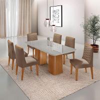 Mesa De Jantar Eloise Tampo MDF Vidro Com 6 Cadeiras Moderna Veludo Capuccino Off White Naturale - 1