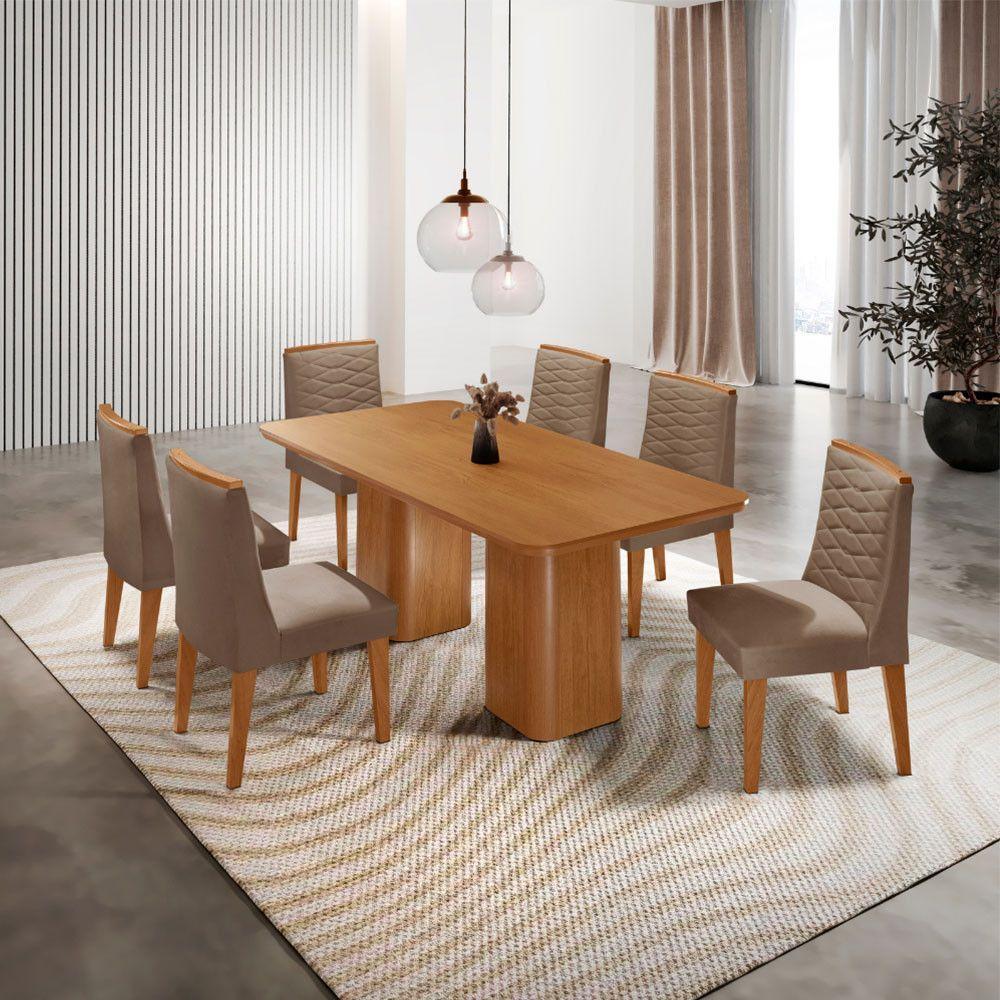 Mesa De Jantar Eloise 180cm Tampo MDF Com 6 Cadeira Moderna Veludo Capuccino Naturalle - 1