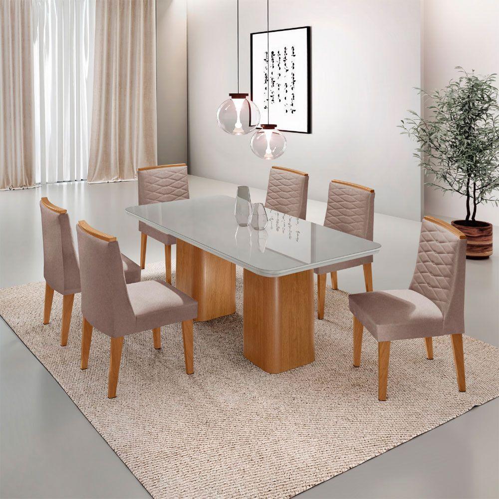 Mesa De Jantar Eloise Tampo MDF Vidro Com 6 Cadeiras Moderna Linho Capuccino Off White Naturale - 1
