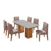 Mesa De Jantar Eloise Tampo MDF Vidro Com 6 Cadeiras Moderna Linho Capuccino Off White Naturale - 5