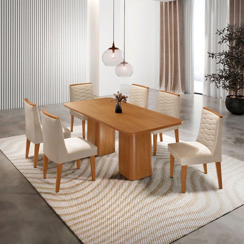 Mesa De Jantar Eloise 180cm Tampo MDF Com 6 Cadeira Moderna Veludo Creme Naturale - 1
