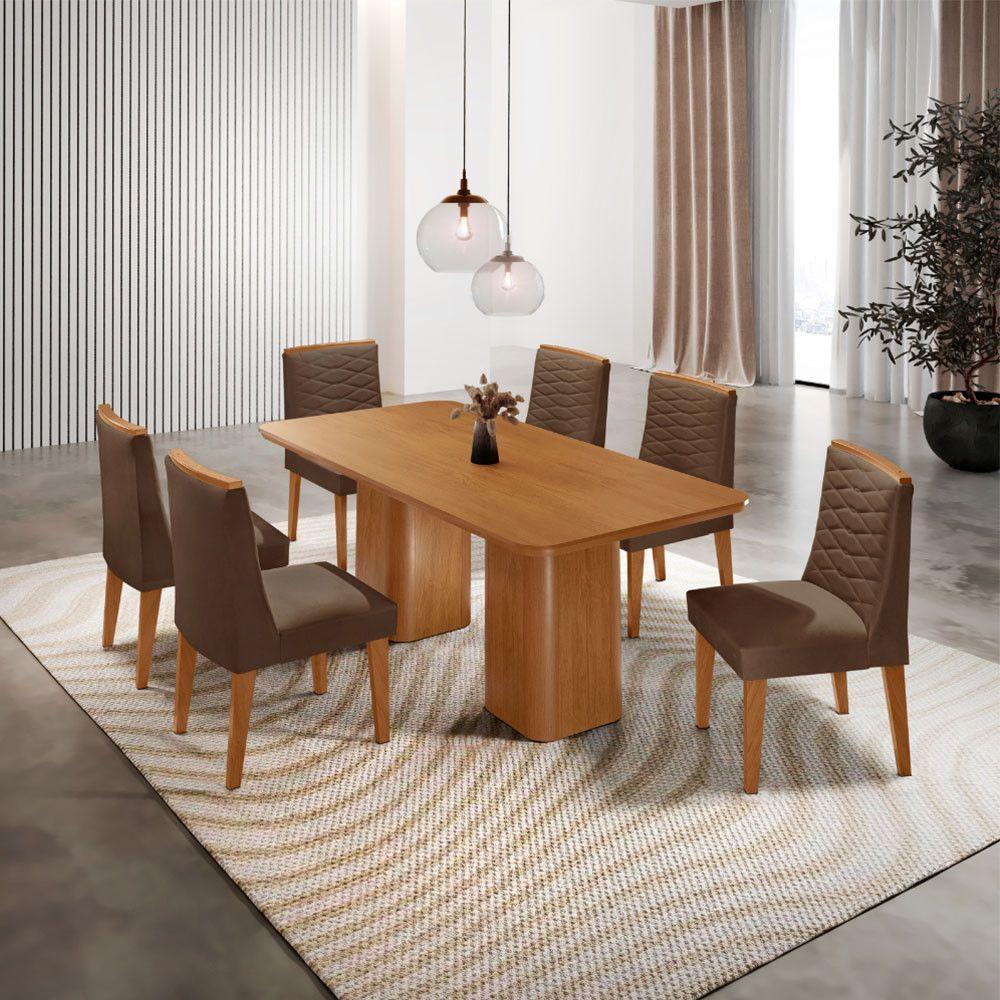 Mesa De Jantar Eloise 180cm Tampo MDF Com 6 Cadeira Moderna Veludo Marrom Naturalle - 1