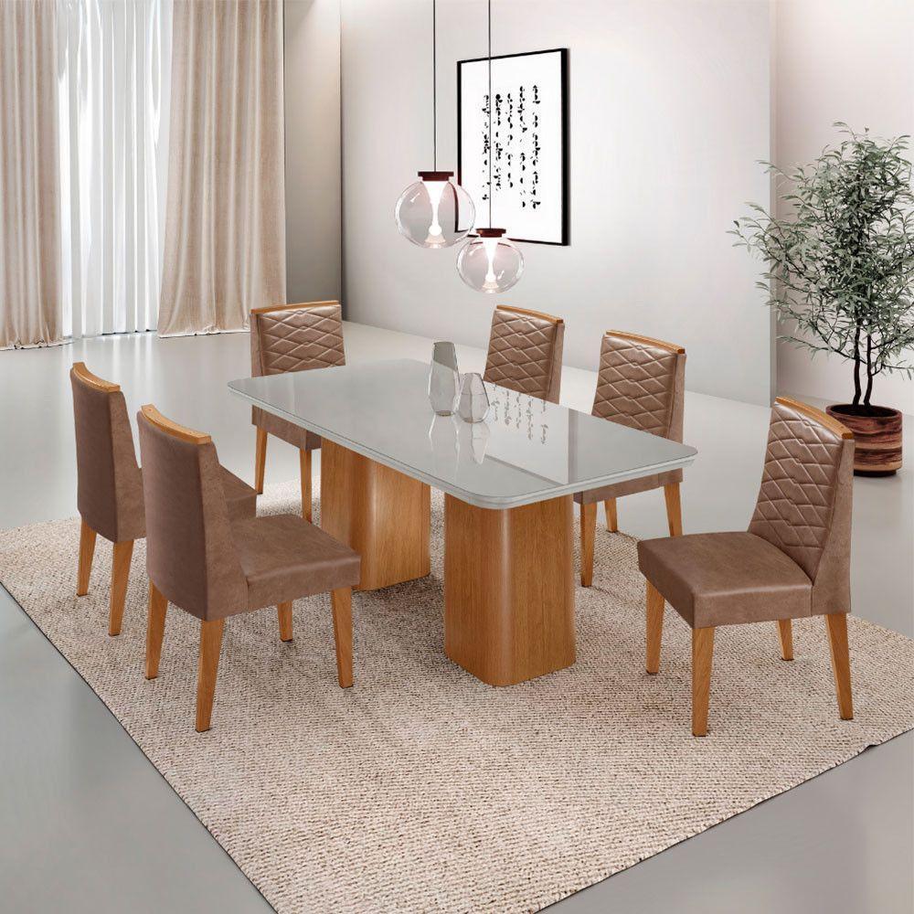 Mesa De Jantar Eloise Tampo MDF Vidro Com 6 Cadeiras Moderna Tork Off White Naturale - 1