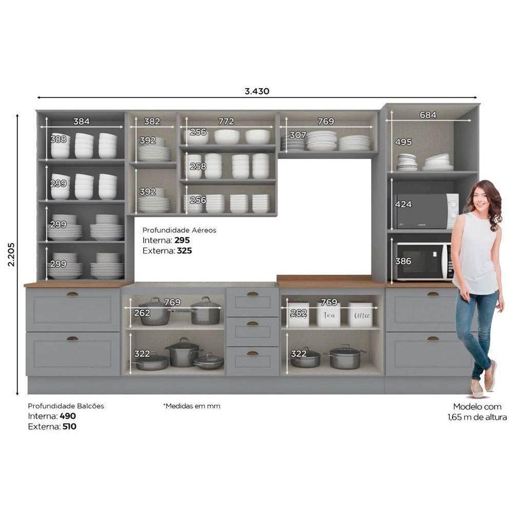 Kit Cozinha Modulada 7 Peças Americana 2 Aéreos + 2 Balcões+ 2 Paneleiros + 1 Complemento Sem Pia Cz143 Cinza - 5