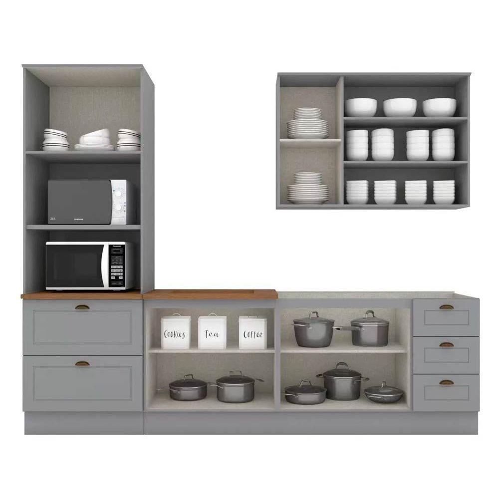Kit Cozinha Modulada 5 Peças Americana 1 Aéreo + 2 Balcões + 1 Paneleiro + 1 Complemento Sem Pia Cz128 Cinza - 6