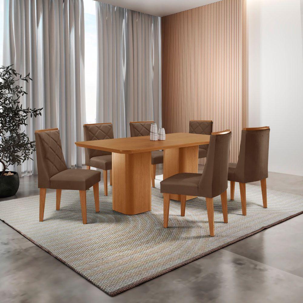 Mesa De Jantar Eloise Tampo Laminado Com 6 Cadeiras Isadora Veludo Marrom Naturale - 1