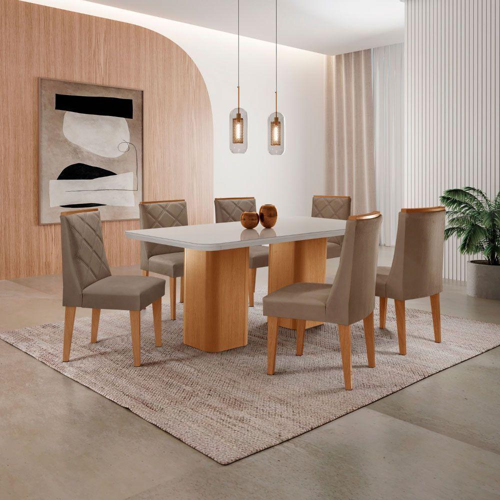 Mesa De Jantar Eloise 180cm Tampo MDF Com Vidro 6 Cadeiras Veludo Capuccino Off White Naturale - 1