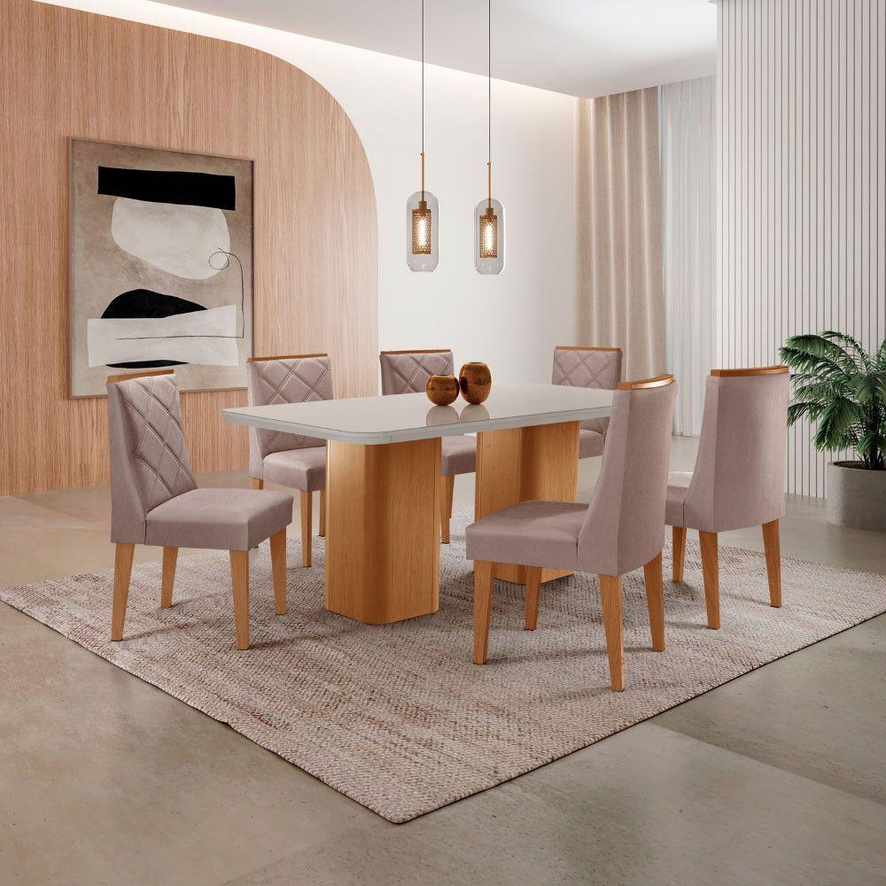 Mesa De Jantar Eloise 180cm Tampo MDF Com Vidro 6 Cadeiras Linho Capuccino Off White Naturale - 1