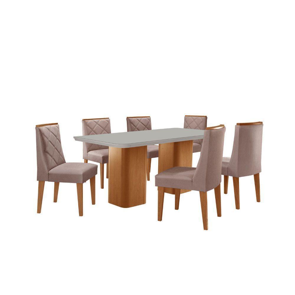Mesa De Jantar Eloise 180cm Tampo MDF Com Vidro 6 Cadeiras Linho Capuccino Off White Naturale - 2