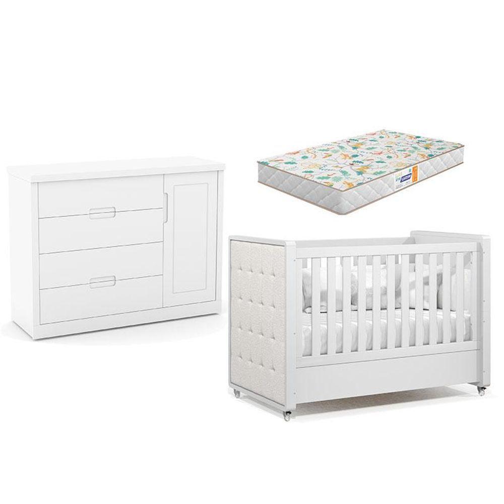 Berço Americano Com Capitonê New Boucle E Cômoda Infantil Tutto New Branco Acetinado E Colchão Gazin - 1
