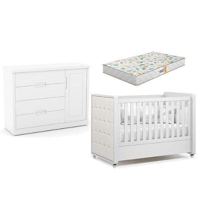 Kit Berço Americano Tutto New em MDF com Colchão Incluso e Cômoda Infantil Branco Acetinado
