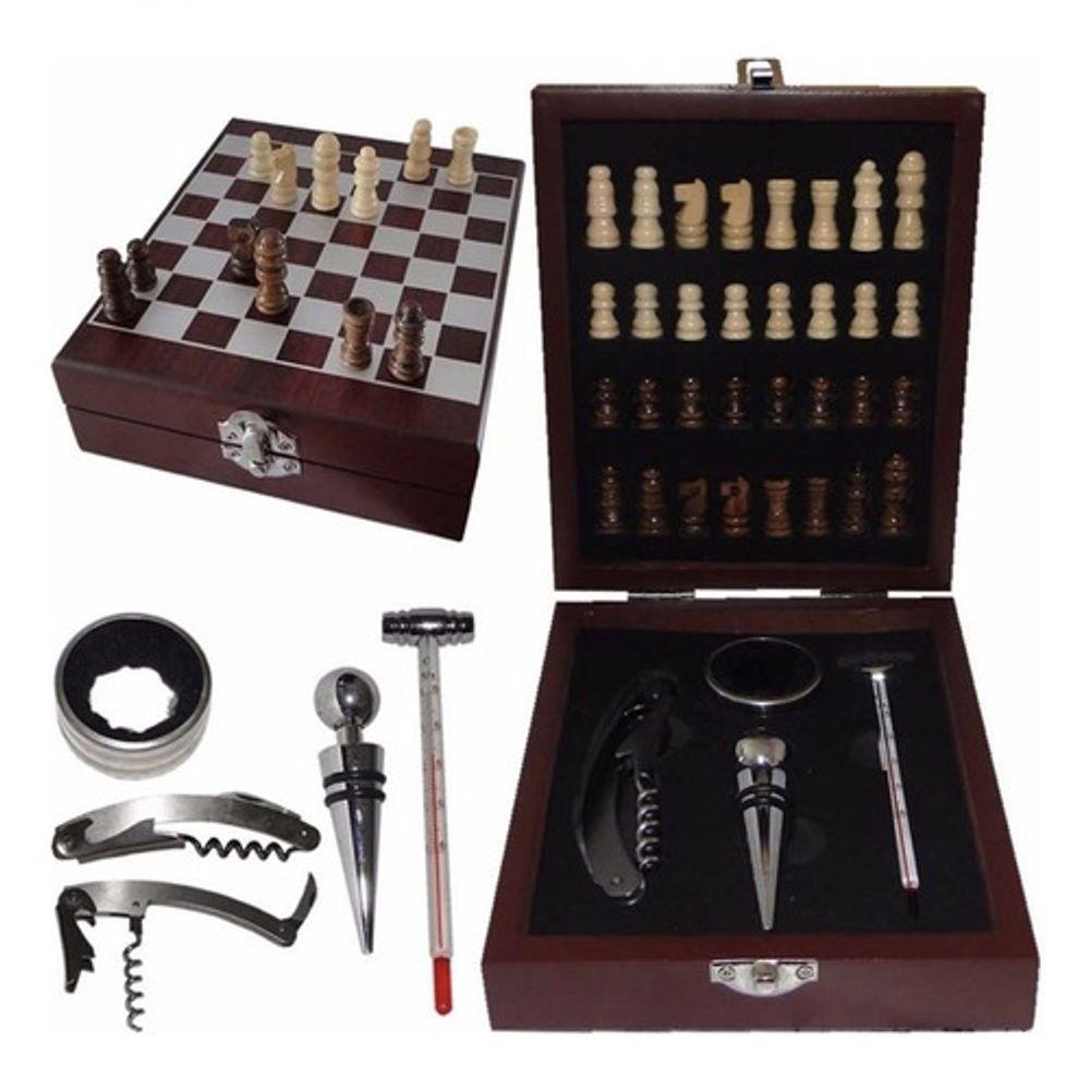 Kit Abridor De Vinho 4 Peças Maleta E Jogo Xadrez De Madeira - 1
