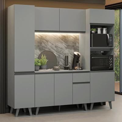 Cozinha Compacta Nice 9 Portas 1 Gaveta em MDF 220cm Cinza com Corrediças Telescópicas
