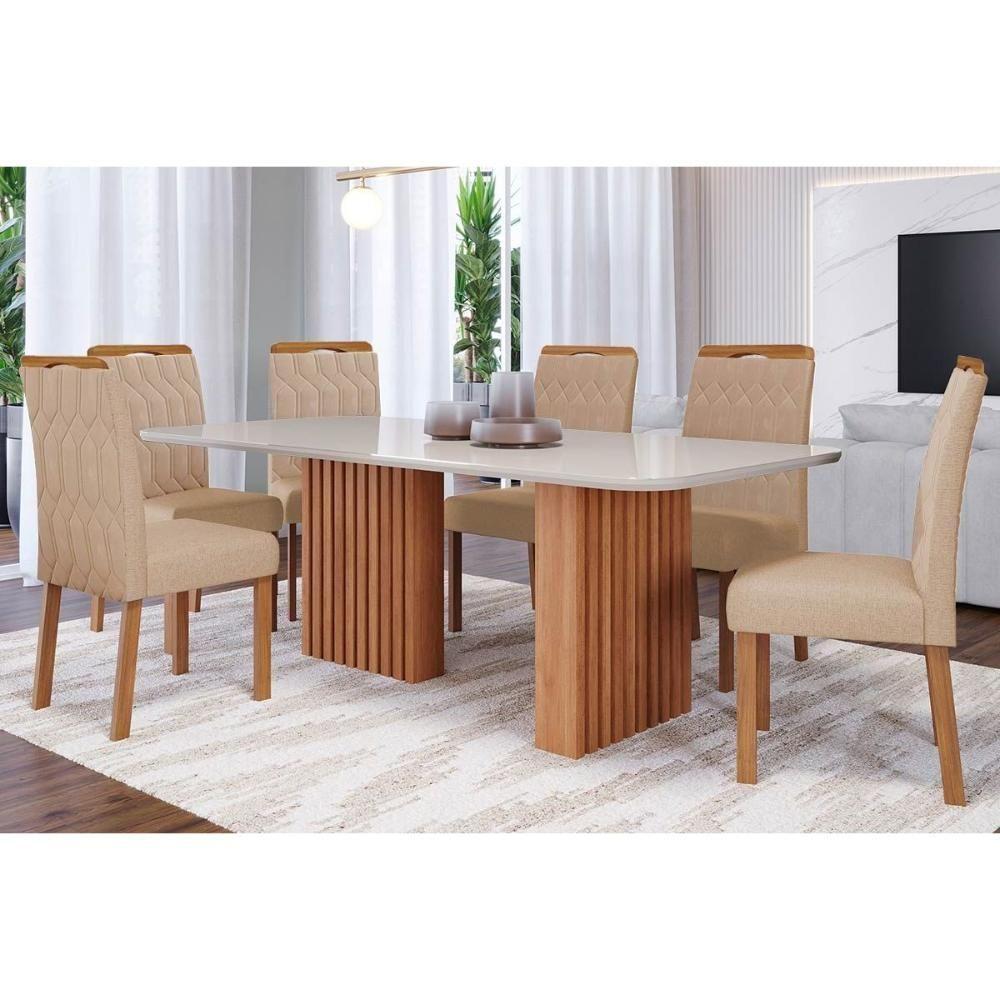 Conjunto Mesa Sala Jantar Ester Com Tampo Madeirado Com Vidro 180x90cm E 6 Cadeiras Paola Nature Suede Nude Bege Cimol - 1