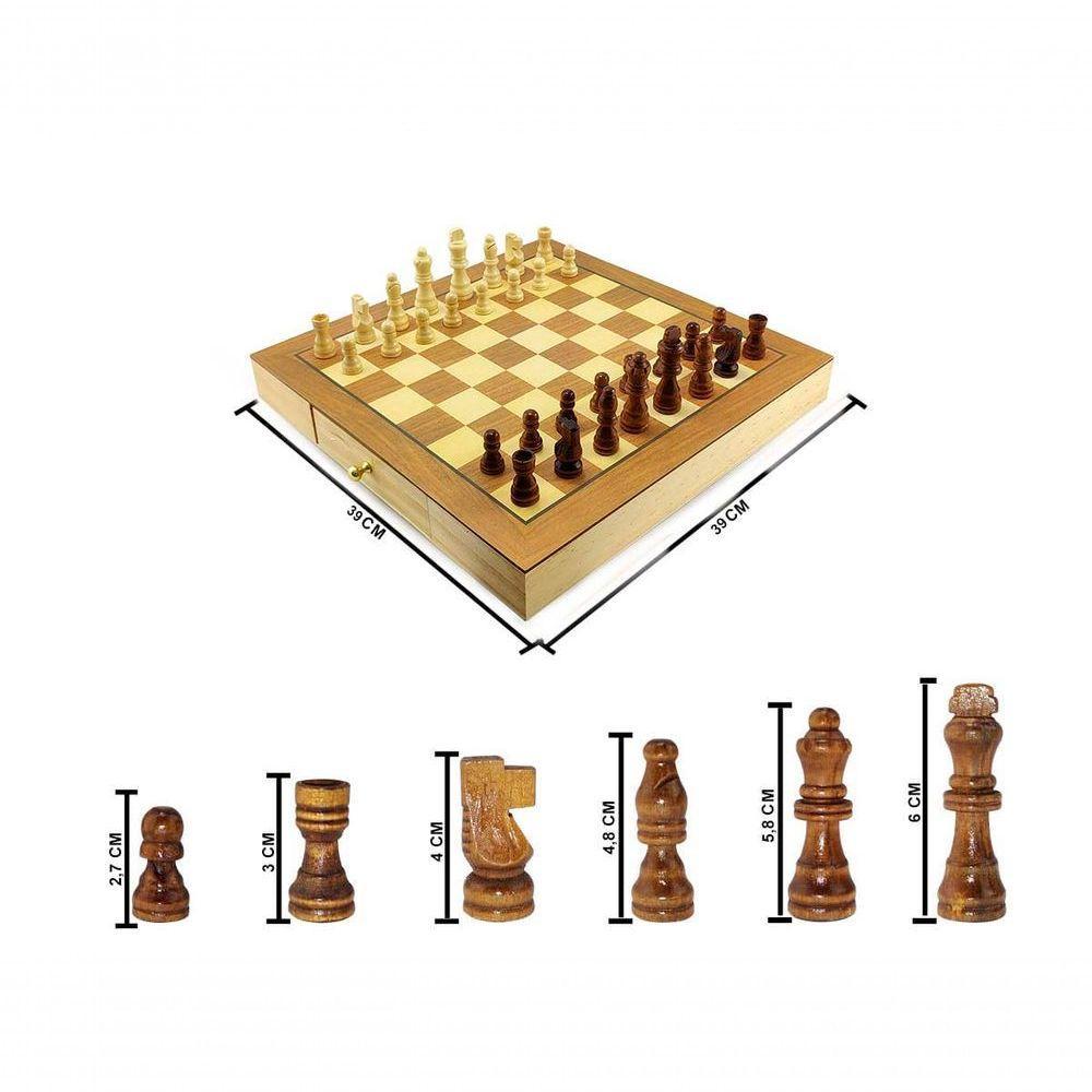 Jogo De Xadrez E Damas 2 Em 1 Profissional Hoyle Games Tabuleiro Grande 39x39cm Peças Em Madeira Com 2 Gavetas - 6