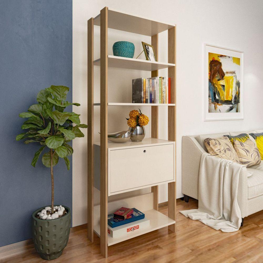 Estante Para Livros Match Com 1 Porta E 3 Prateleiras Artely Off White Carvalho - 2