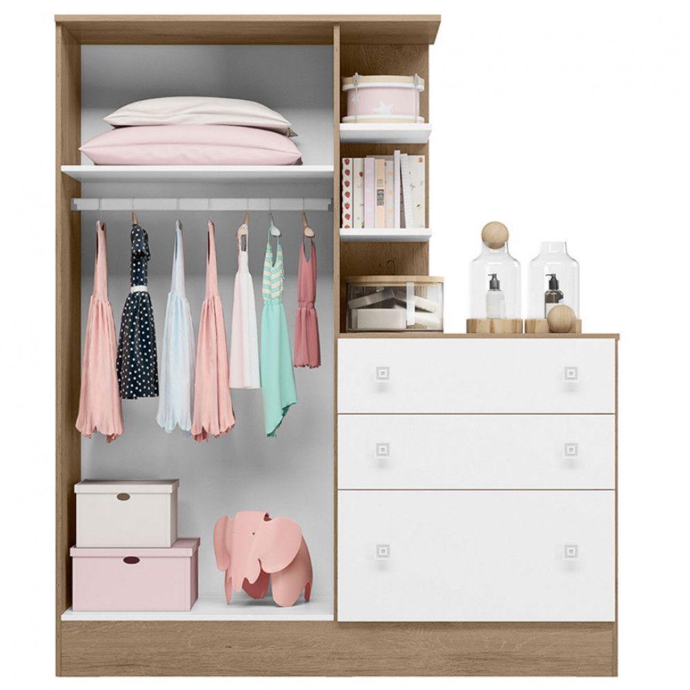 Guarda Roupa Infantil Cômoda Doce Sonho 2 Portas 3 Gav Qmovi Carvalha Branco - 3