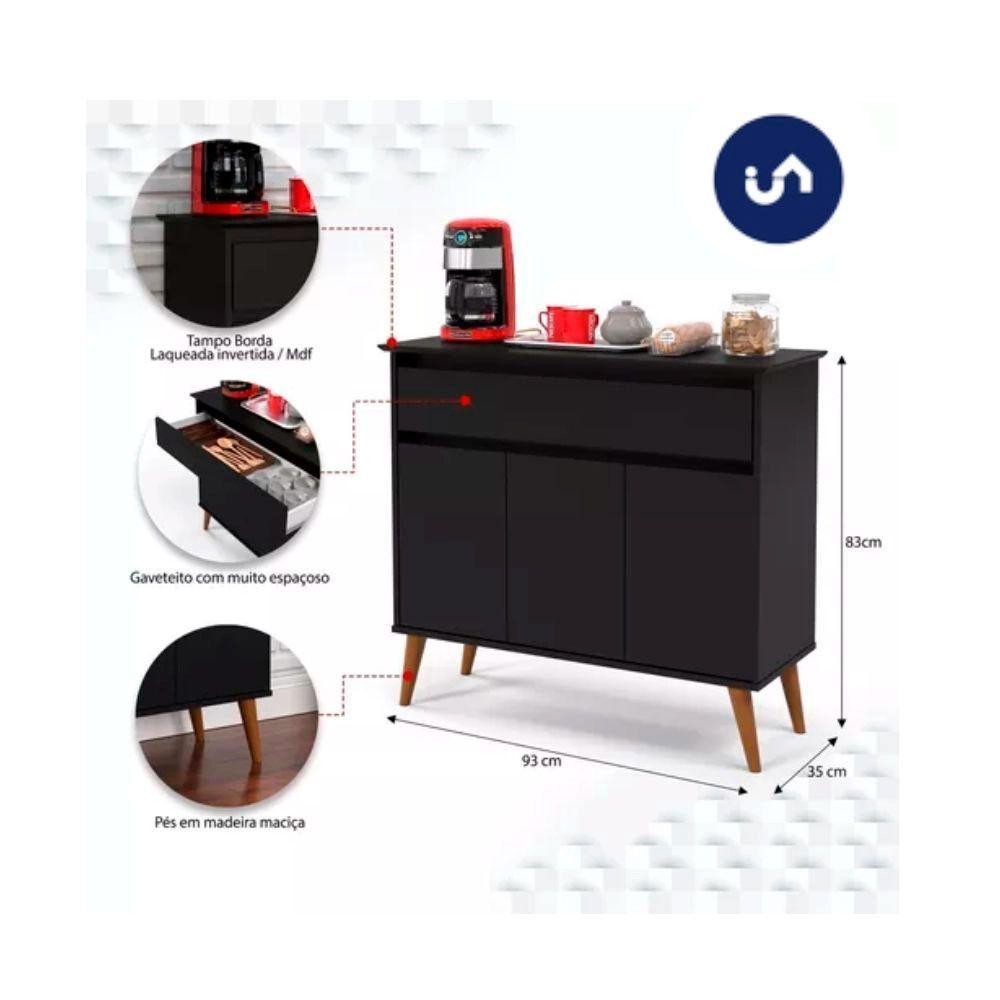 Aparador Buffet Zeus Retrô 3 Portas 1 Gaveta Ej Móveis Preto - 4