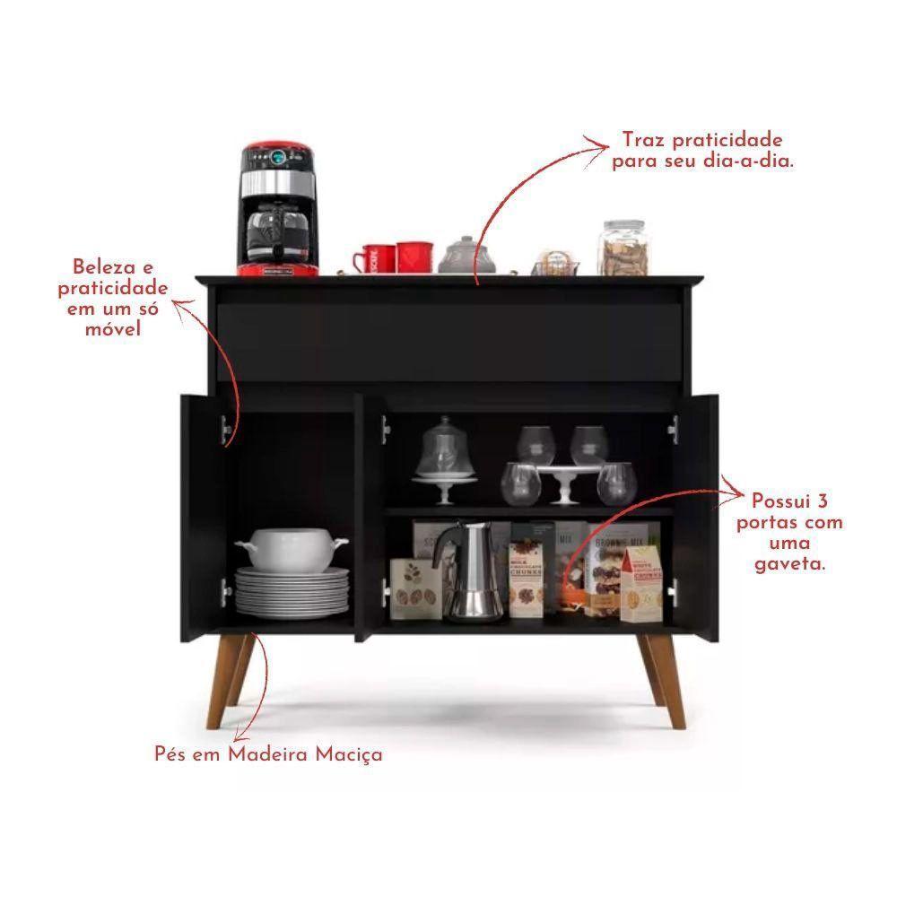 Aparador Buffet Zeus Retrô 3 Portas 1 Gaveta Ej Móveis Preto - 5