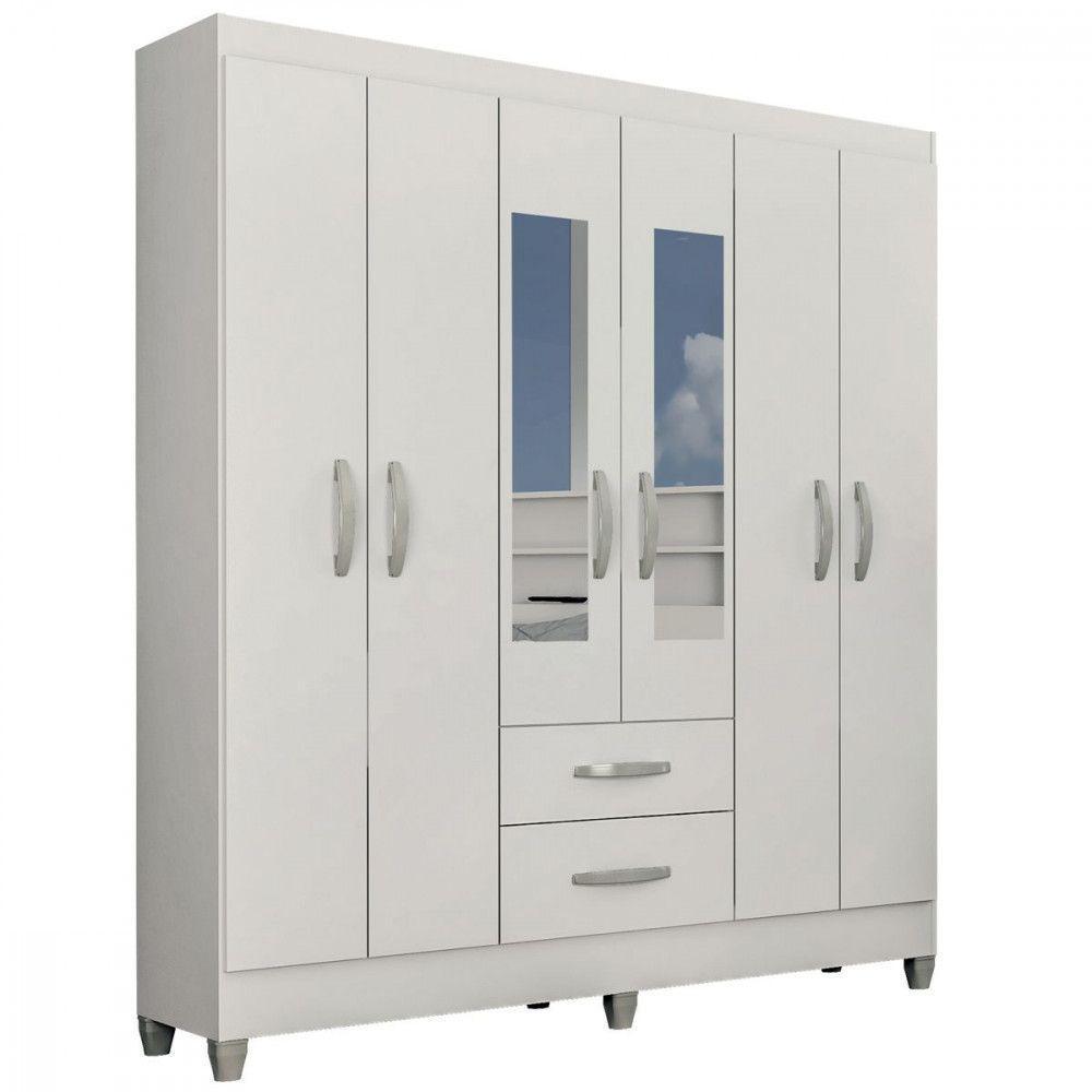 Guarda Roupa Casal Real 6 Portas 2 Gavetas Espelho Atualle Branco Brilho - 1