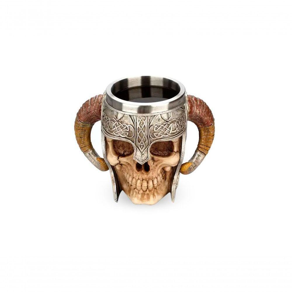 Caneca De Caveira Resina 3d Capacete Chifre Nórdico 400ml Alça Ambidestro Cerveja Chopp - 1