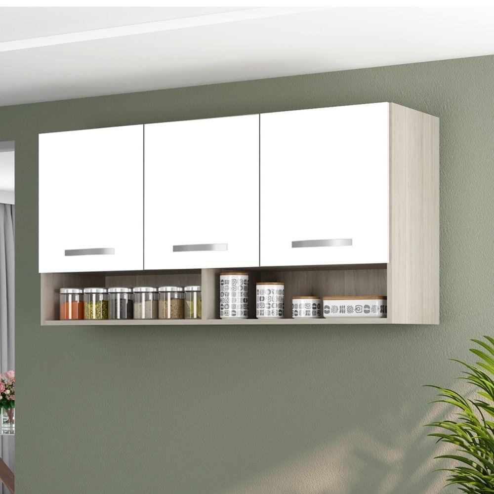 Armario Aereo Cozinha 3 Portas 1,20 M Com Nicho Alice Plus Elmo/branco Hr Móveis - 1