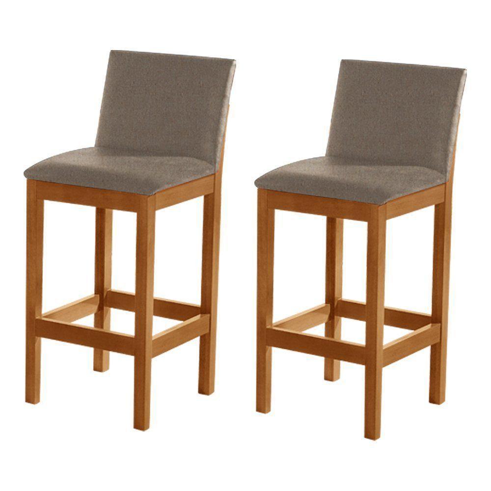 Kit 2 Banquetas Alta Pérola Com Encosto Estofada Em Linho Bege Madeira Maciça Castanho - 1