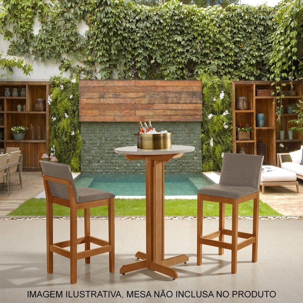 Kit 2 Banquetas Alta Pérola Com Encosto Estofada Em Linho Bege Madeira Maciça Castanho - 2