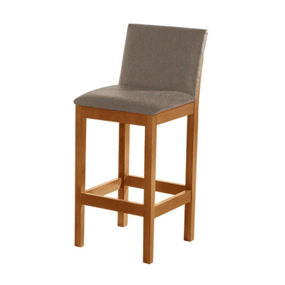 Kit 2 Banquetas Alta Pérola Com Encosto Estofada Em Linho Bege Madeira Maciça Castanho - 3