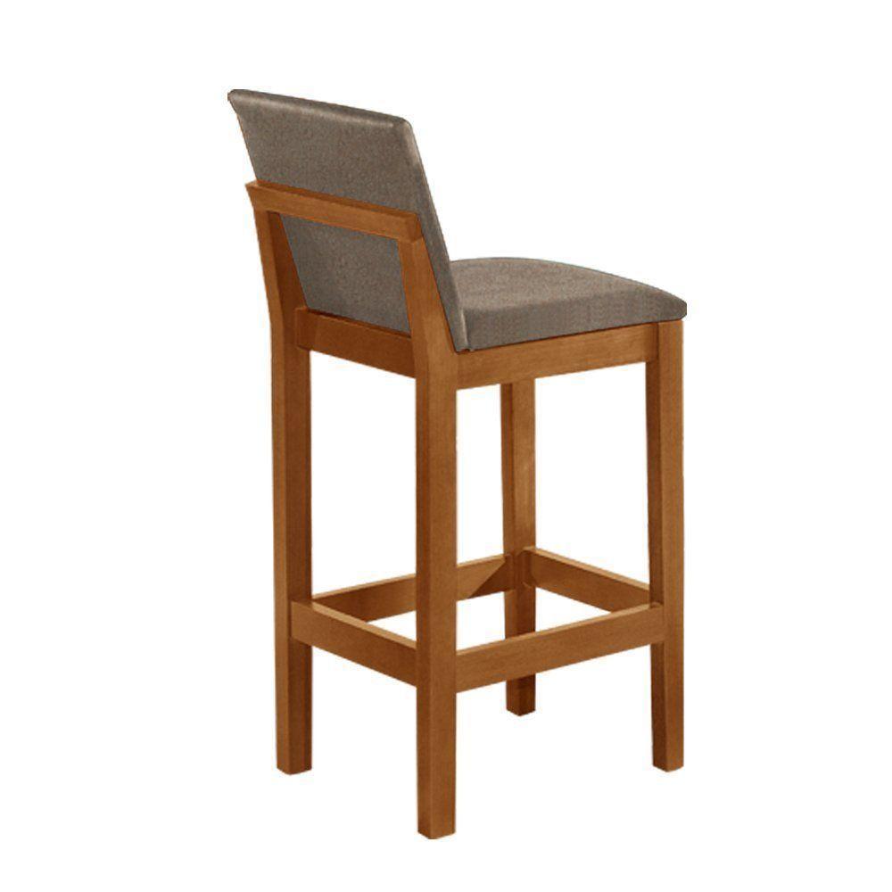 Kit 2 Banquetas Alta Pérola Com Encosto Estofada Em Linho Bege Madeira Maciça Castanho - 4