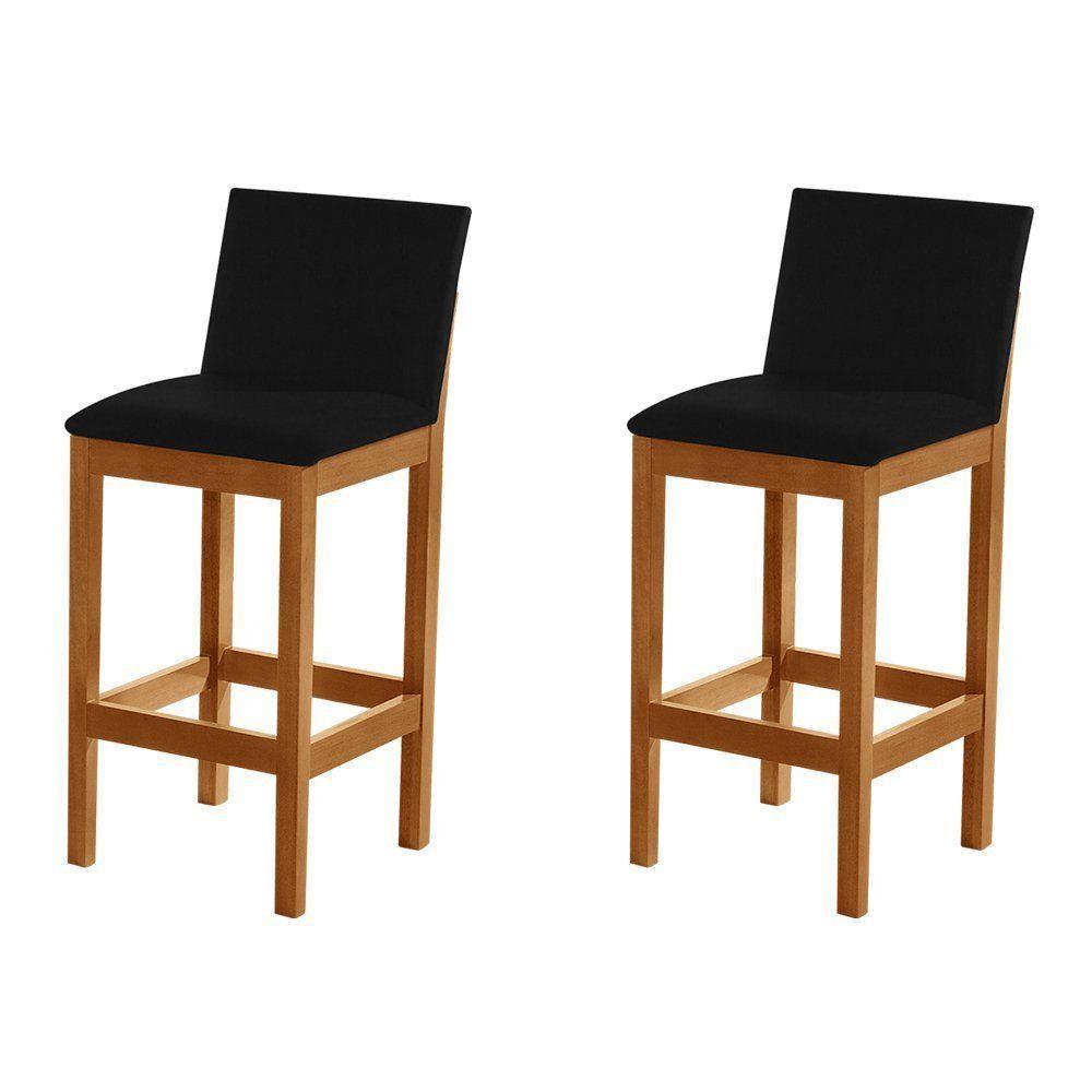 Kit 2 Banquetas Alta Pérola Com Encosto Estofada Em Veludo Preto Madeira Maciça Castanho - 1