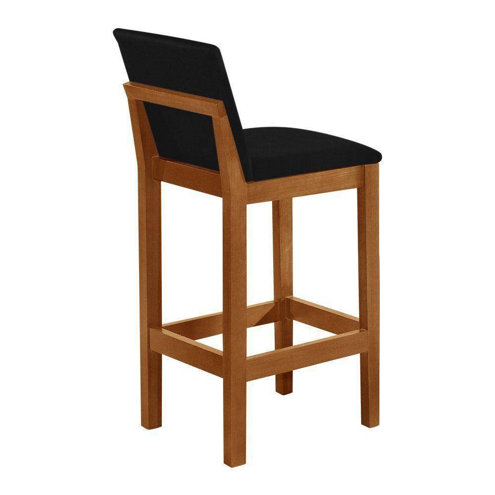 Kit 2 Banquetas Alta Pérola Com Encosto Estofada Em Veludo Preto Madeira Maciça Castanho - 4