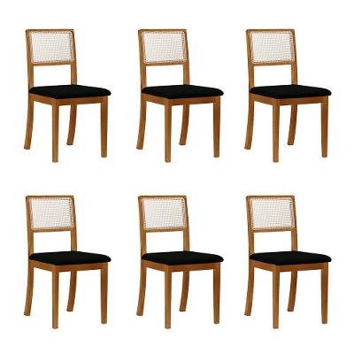 Kit 6 Cadeiras De Jantar Luxo Madeira Maciça Mel Encosto Telinha Palha Estofada Veludo Preto Rubi